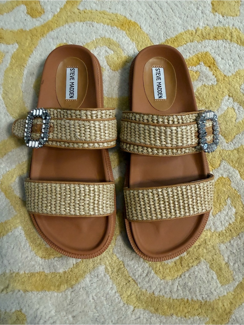 Steve Madden Tan Woven Slide Sandals with Crystal Buckles